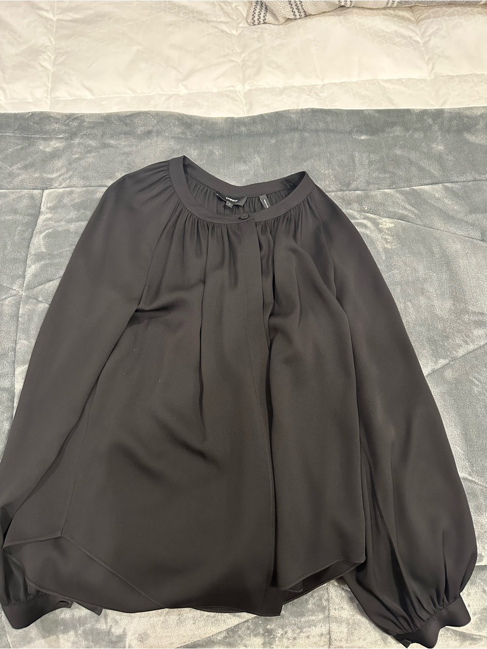 Theory Black Gathered Neck Long-Sleeve Blouse